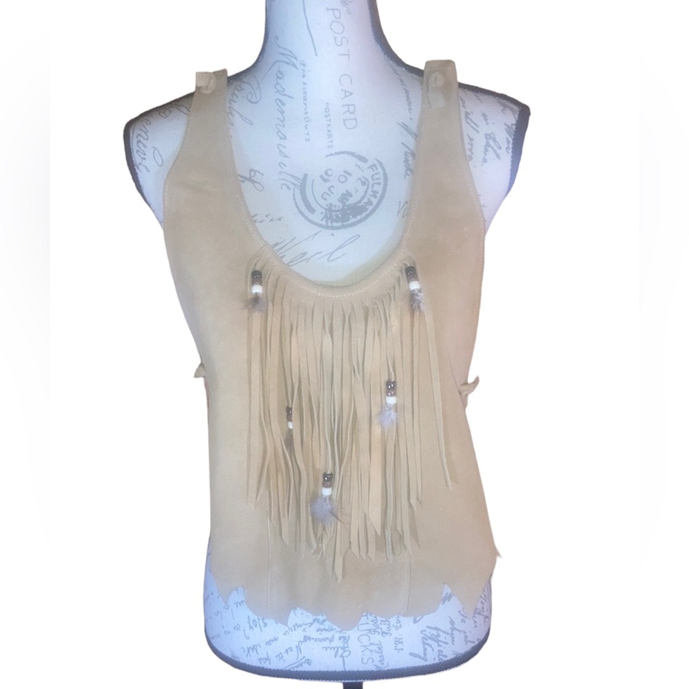 Vintage suede fringed halter top with feather 70s